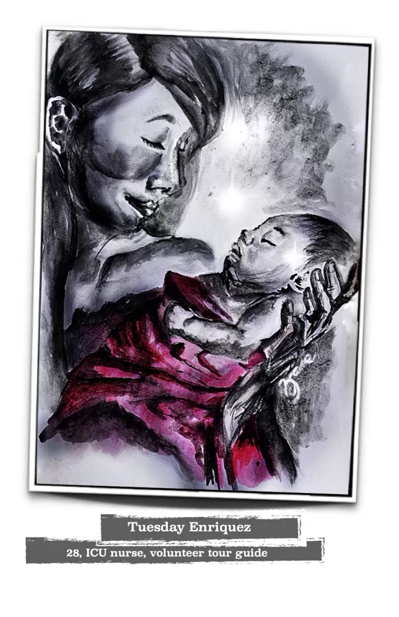 a filipina nurse with a twin and a son.  find out which one she loses on page 172